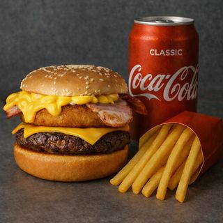 Рьощи Бийф Бургер (280 гр) + Картофи (120 гр)+ Кока Кола 0,330 л