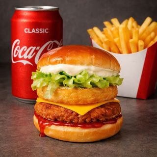 Рьощи Чикън Бургер (380 гр) + Картофи (120 гр) + Кока Кола кен