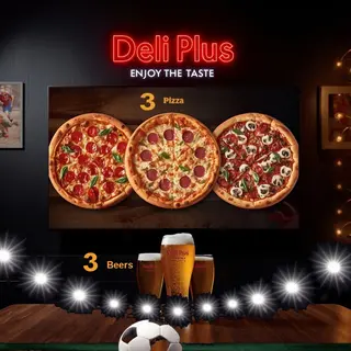 Deli Plus Football time Offer - 3 Pizza & 3 Beers 0.5 +1 Pepsi 2lt
