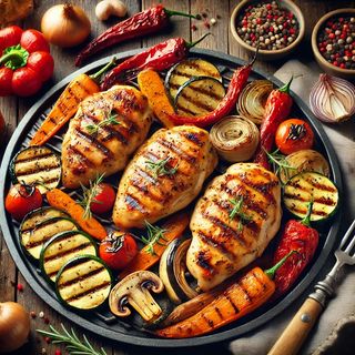 Крехки пилешки филенца с печени зеленчуци (450гр)