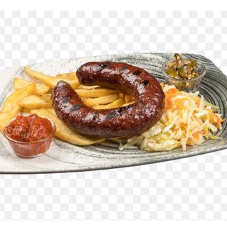 Телешки Суджук на плоча с П.Картофи , Ориз и Салата (750гр)+ Напитка