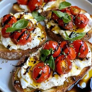 Топли брускети с печени домати, маслини и каперси