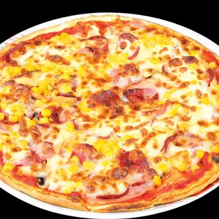 Пица с цели гъби, бекон, шунка, топ.сирене, дом. сос, моцарела, зехтин