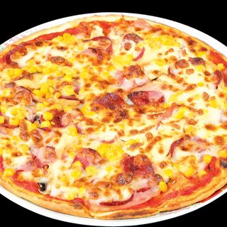 Пица с цели гъби, бекон, шунка, топ.сирене, дом. сос, моцарела, зехтин