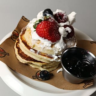 Full Stack Buttermilk Pancakes with Blueberry Jam