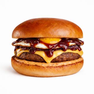 Бургер с яйце и чедър с барбекю сос и пържени картофи