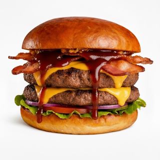 Двоен бургер с бекон и пържени картофи