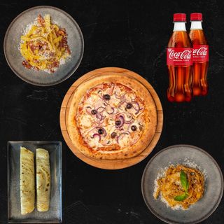 1 Пица + 1 Паста + 1 Десерт + 2бр Кока Кола (300мл)