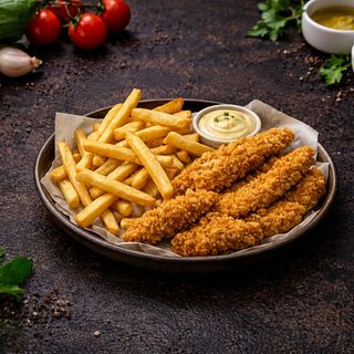 Пилешки хапки с пържени картофи и сос