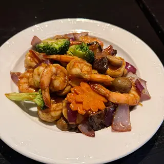 Langostinos con Setas Shiitake y Hongos en Salsa de Ostras