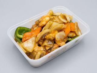 Gambas con pimiento y tausi