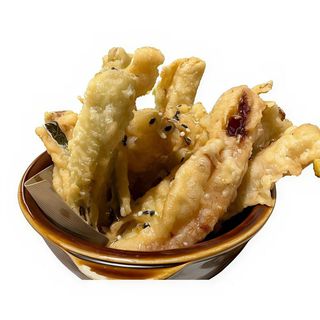 Verduras en tempura con miel de sésamo (vegano)