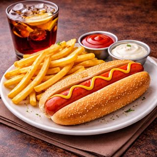 Menu perrito con patatas y bebida