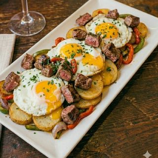 Huevos rotos con patatas, entrecot de ternera (D.O. Galicia) troceado