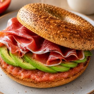 Bagel tomate+ aguacate y jamón 