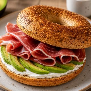 Bagel queso crema + aguacate + jamon teruel