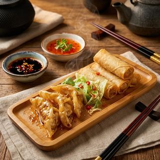 3 rollidos + 3 gyozas pollo(春卷+鸡饺)