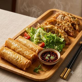 3 rollido vegetal + 3 gyozas vegetal (春卷+蔬菜饺子)