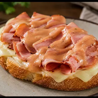 Tostada de Jamón asado con queso y salsa