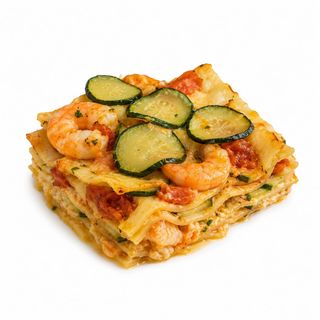 Lasaña de gamba, tomate cherry y calabacines 