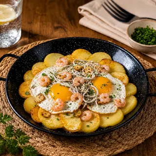 Huevos Rotos con gambas y gulas