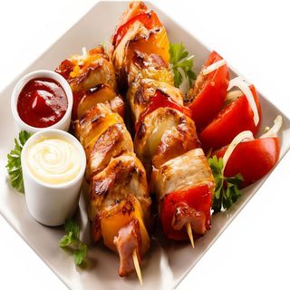 Plato combinado de brocheta a la parrilla.