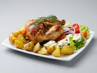 Combo pollo al horno cuartos, patatas caliu, alioli y ensaladilla rusa