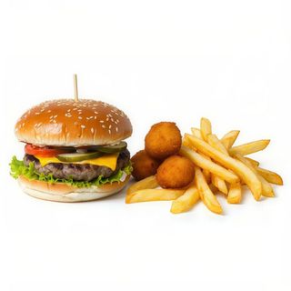 Mini Hamburguesa, Croquetas y Patatas