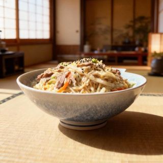 Wok de fideo japonés con pato y salsa de nata