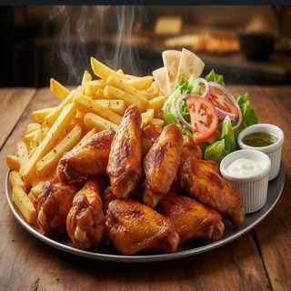 Plato de alitas con patatas y ensalada