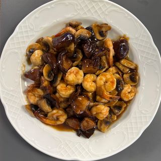 Gambas con champiñón y seta china