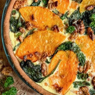 Quiche végé , cebolla, espinacas, calabaza
