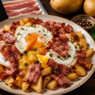 Huevos rotos con panceta ibérica