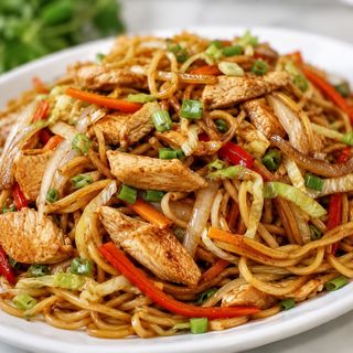 Tallarines, al estilo chino venezolano, con pollo