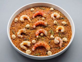 Arroz de salmorreta, carabinero y gamba alistada