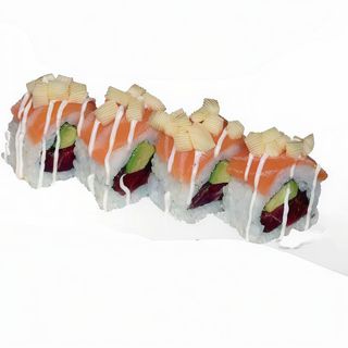 73. uramaki atún aguacate con salmón encima y mango