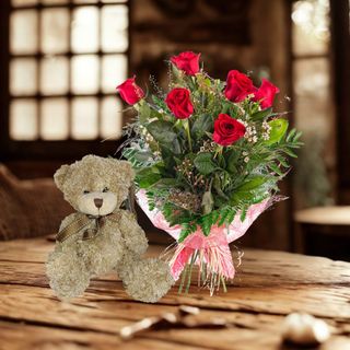6 rosas rojas + peluche