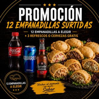 Promo 12 Empanadillas variadas +3CERVEZAS o REFRESCOS GRATIS