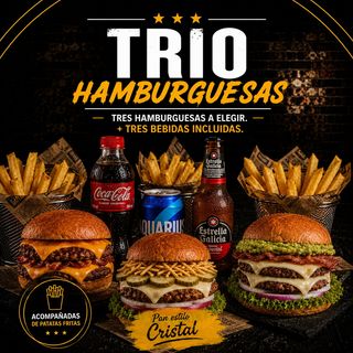 Promo TRIO  Burguer DOBLES! + Papas fritas + 3 REFRESCOS o CERVEZA!