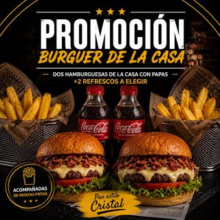 Promo DUO Burger DE LA CASA con papas + 2 Refrescos