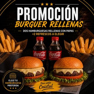 Promo DUO Burgers RELLENAS + 2 Papas fritas + 2 Refrescos