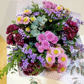 Ramo variado de margaritas y siemprevivas en tonos morados y lila.