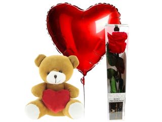 Pack Rosa Eterna Roja+ Peluche Corazón + Globo Corazón