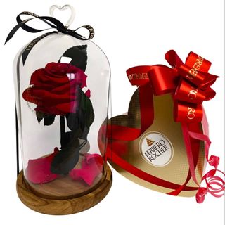 Cùpula grande de cristal con pomo corazón, Rosa Roja eterna natural preservada, cinta "Love is Eternal"  + Bombones Corazon De Ferrero.