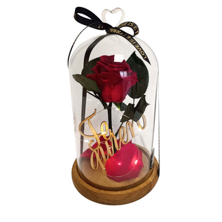 Cùpula grande de cristal con pomo corazón, Rosa ROJA eterna natural preservada, cinta "Love is Eternal" Te Quiero de madera en el interior con LED.