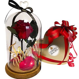 Cúpula grande de cristal con rosa Roja Eterna, "TE Quiero" en interior + Bombones corazón Ferrero