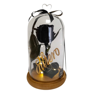 Cùpula grande de cristal con pomo corazón, Rosa NEGRA eterna natural preservada, cinta "Love is Eternal" Te Quiero de madera en el interior, LED .