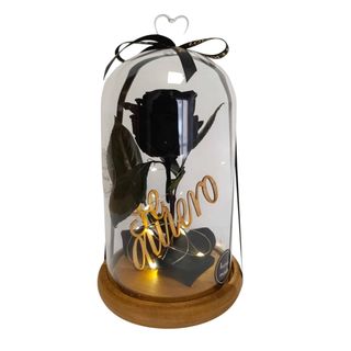 Cùpula grande de cristal con pomo corazón, Rosa NEGRA eterna natural preservada, cinta "Love is Eternal"  Te Quiero de madera en el interior, LED .