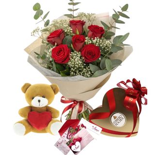 Pack San Valentín 6 Rojas+++.  Ramo 6 rosas rojas+bombones corazón+Peluche corazón +Tarjeta romántica