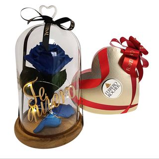 Cúpula Grande de cristal con Rosa Azul eterna, con Te Quiero en el interior, LED + Bombones corazon Ferrero.